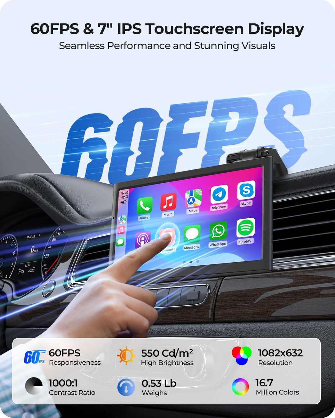7” tragbarer CarPlay Display für Autos, 60FPS Car Play für Apple CarPlay &amp; Android Auto, Auto Displa
