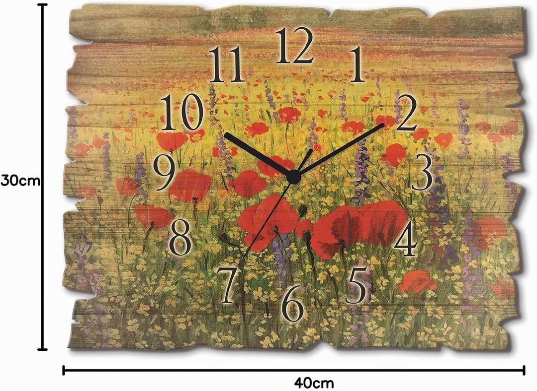 ARTLAND Wanduhr ohne Tickgeräusche aus Holz Funk Uhr lautlos 40x30 cm Rechteckig Blumenwiese Blumen