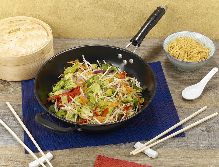 Homiu Wok Traditionelles Design mit 2 Griffen, antihaftbeschichtet, grosse Pfanne, Bakelit-Griff, Ka