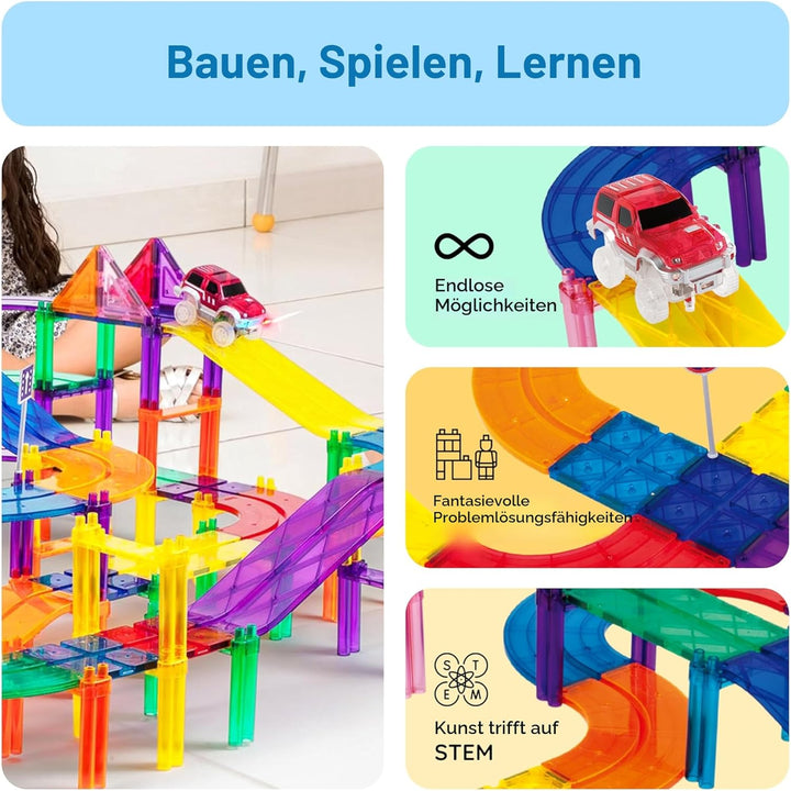 PicassoTiles 80 Stück Rennwagen Bahn Baustein Lernspielzeug Set Magnetische Fliesen Magnet DIY Spiel