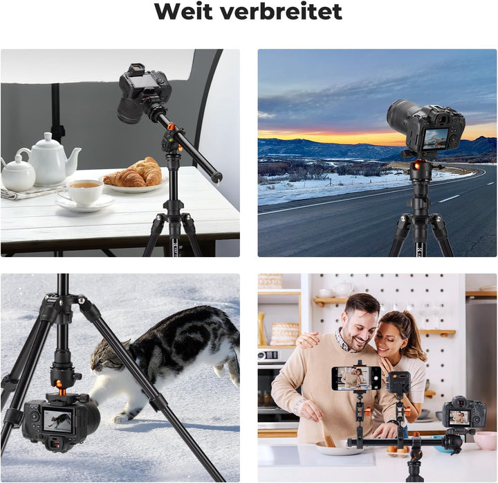 K&F Concept K234A0 Kamera Stativ mit Auslegearm,163cm Handy Stativ, Tripod für unterwegs, Stativ für