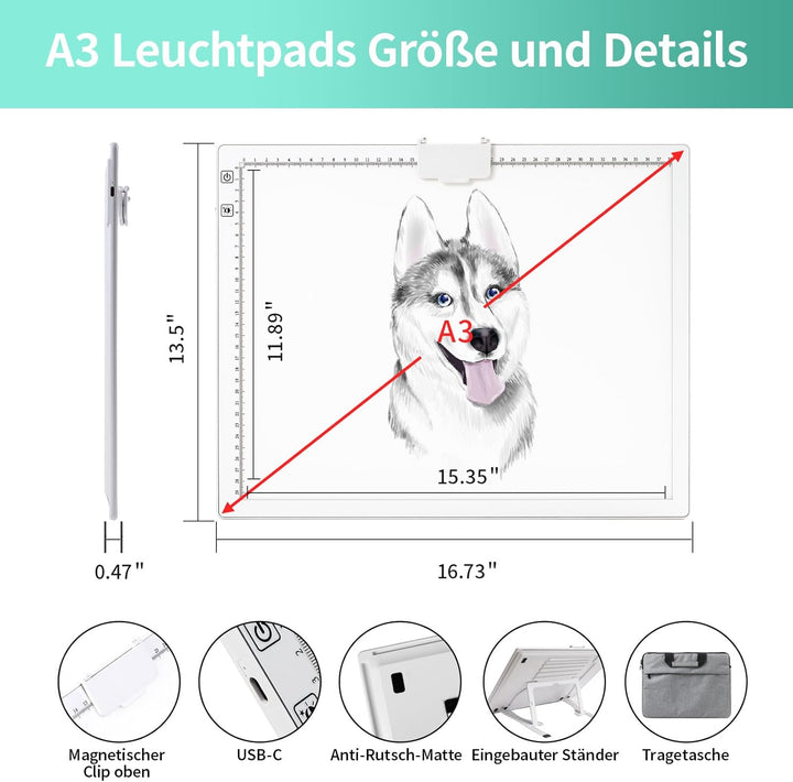 Leuchttisch A3, Tragbares Batteriebetriebene Light Pad, Wiederaufladbare Diamond Painting Leuchttisc