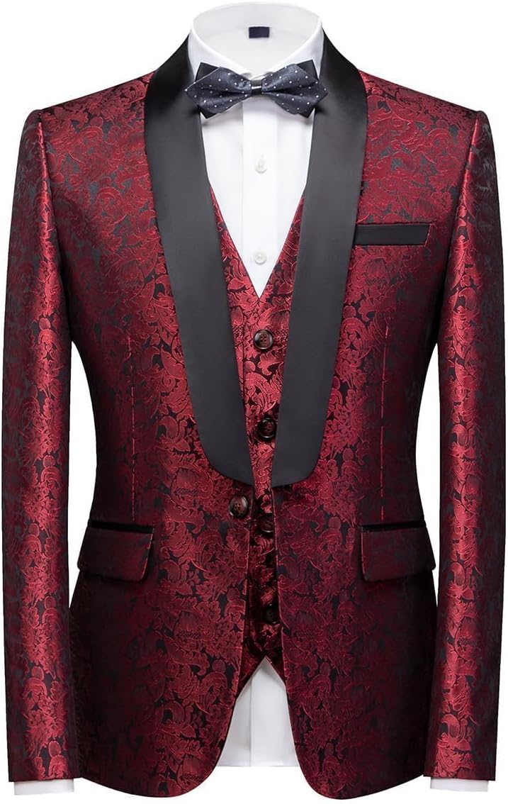 KUDORO Herren Anzüge 3-Teilig Slim Fit Paisley für Hochzeit Party Eine Knöpfe Jacquard Smoking Herre