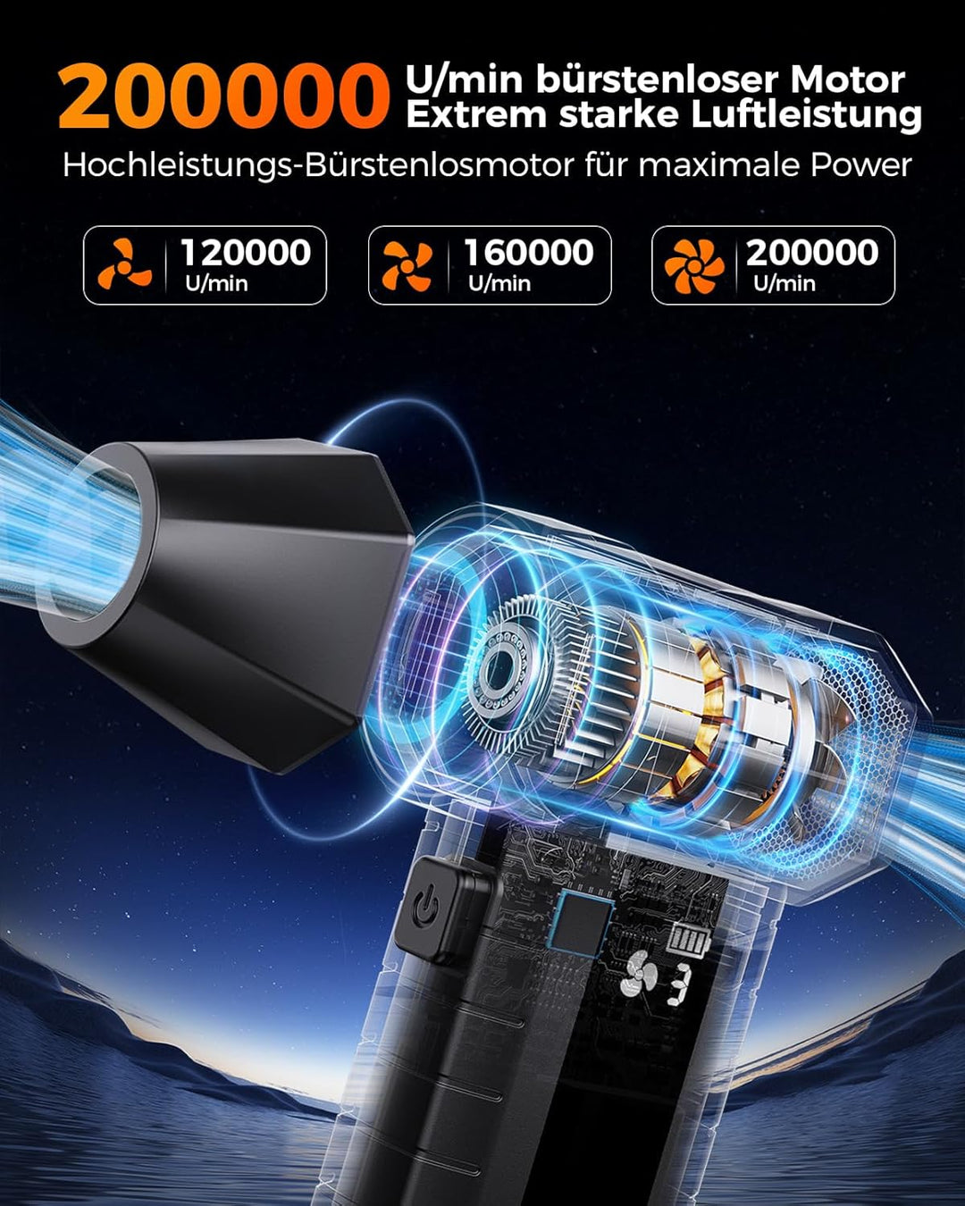 Druckluftspray Alternative, Elektrischer Air Duster mit 200.000 U/min Turbo Gebläse, 10500 mAh Akku