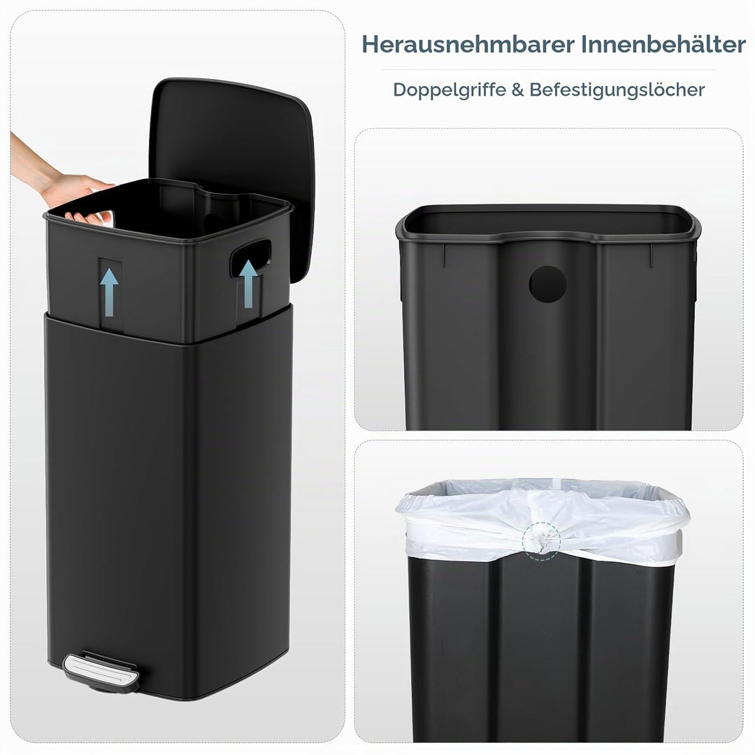 LIFERUN Mülleimer 30L aus Stahl, rechteckiger Abfalleimer mit Soft-Close-Deckel, Pedal und Inneneime