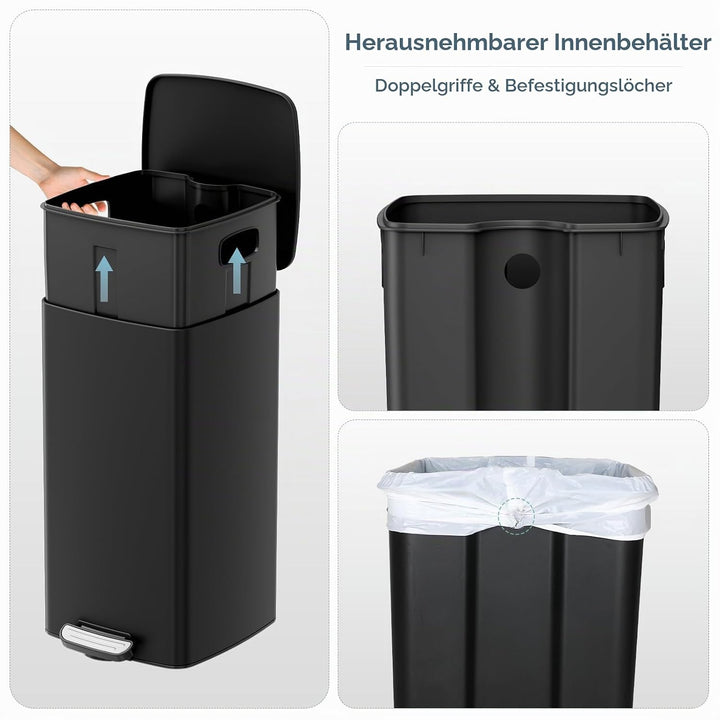 LIFERUN Mülleimer 30L aus Stahl, rechteckiger Abfalleimer mit Soft-Close-Deckel, Pedal und Inneneime