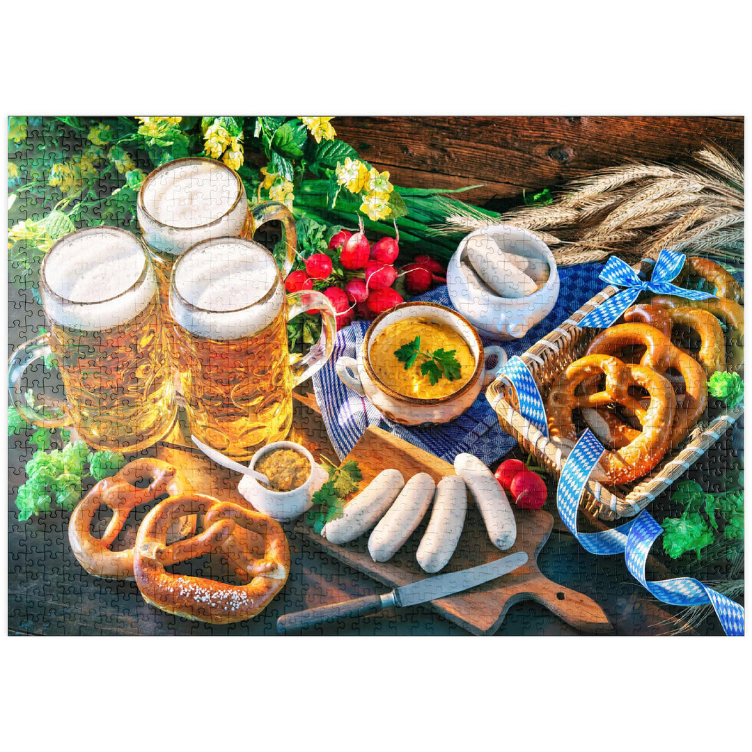 Oktoberfest-Menü, Bayerische Würstchen mit Brezeln, süssem Senf und Bierkrügen - Premium 1000 Teile