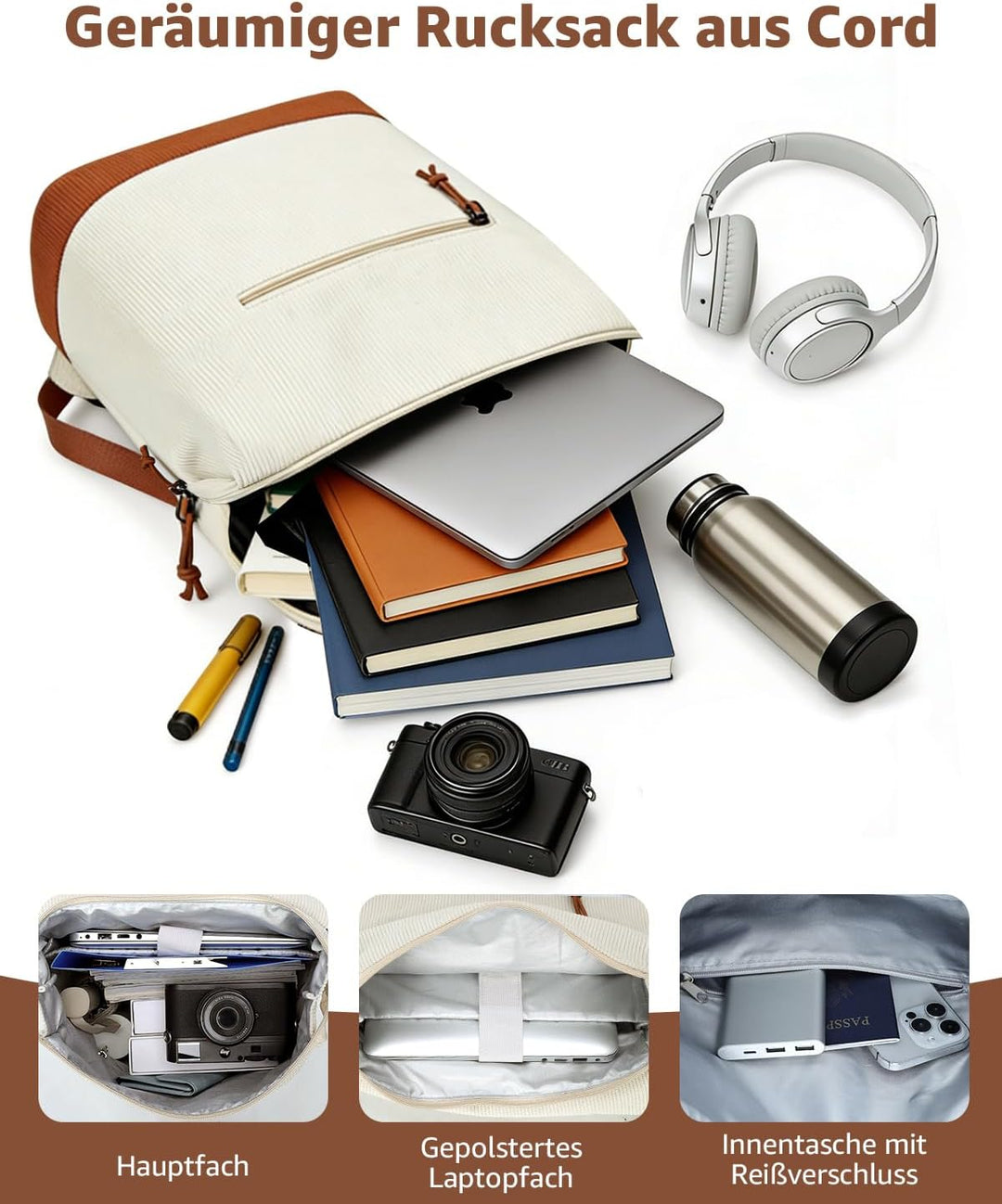 Rucksack Damen & Herren, Mattleder Tagesrucksack mit 15,6" Laptopfach, Eleganter City und Business B