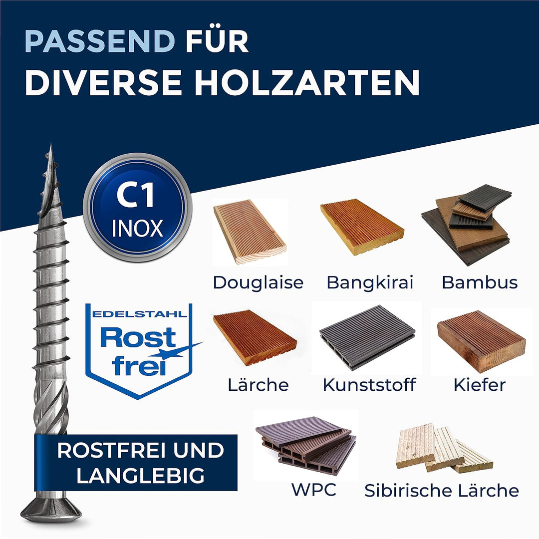 200 Stück Terrassenschrauben 5 x 80 mm lang | PERFEKT für 35 mm Terrassendielen | rostfreier gehärte