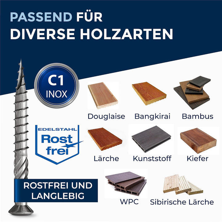200 Stück Terrassenschrauben 5 x 80 mm lang | PERFEKT für 35 mm Terrassendielen | rostfreier gehärte