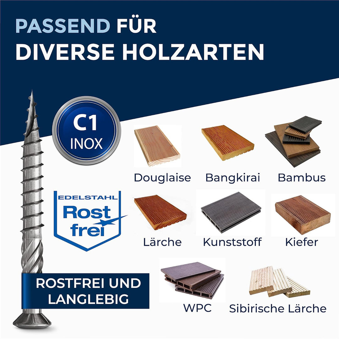 200 Stück Terrassenschrauben 5 x 80 mm lang | PERFEKT für 35 mm Terrassendielen | rostfreier gehärte