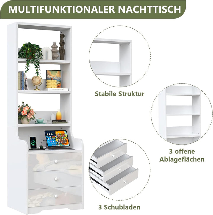 PIPIPOXER Nachttisch Mit Steckdose & USB, Weiss Hochglanz Mit 3 Schubladen, Modern für Wohn- und Sch