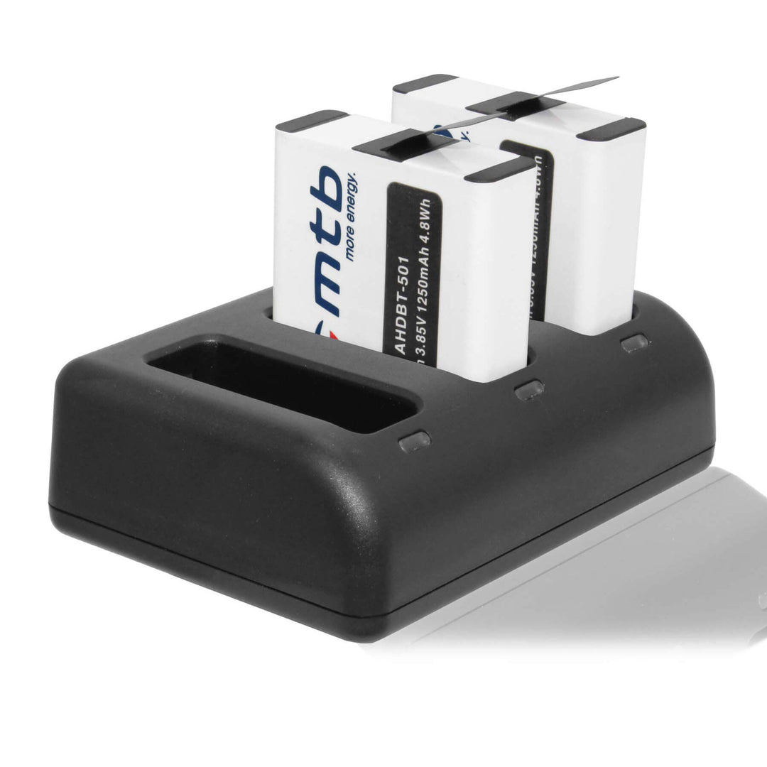 2 Akkus (1250mAh) + Triple-Ladegerät (USB) für AABAT-001 / Für GoPro Hero 5, Hero 6 - mit Allen Firm
