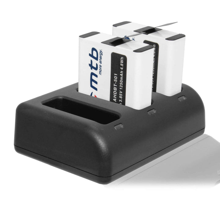 2 Akkus (1250mAh) + Triple-Ladegerät (USB) für AABAT-001 / Für GoPro Hero 5, Hero 6 - mit Allen Firm