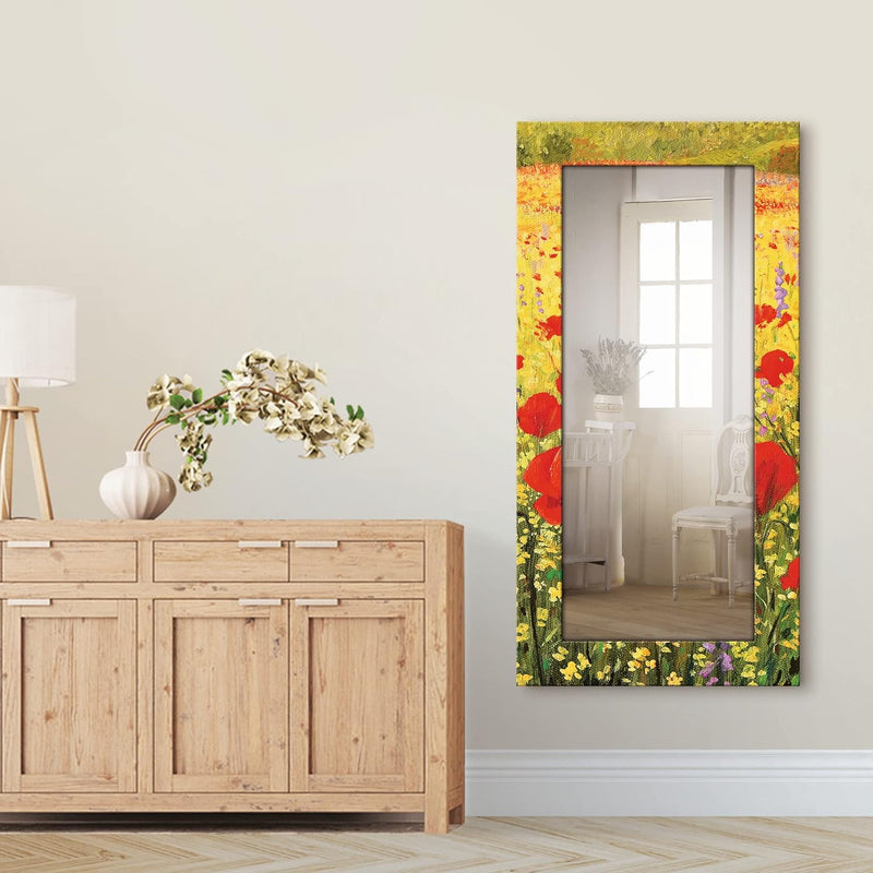 ARTLAND Ganzkörperspiegel mit Rahmen Holz 60x120 cm Wandspiegel zum Aufhängen Blumenwiese Mohnblumen