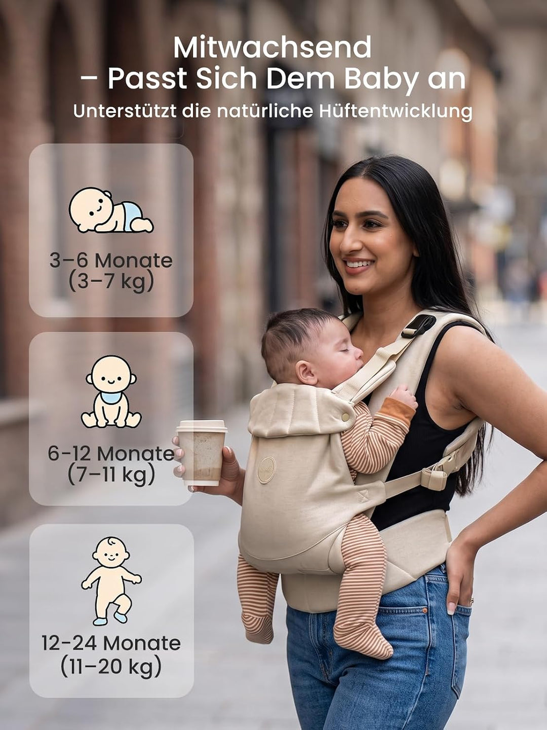 Grownsy Babytrage, Ein-Klick-Schnalle für Einfaches Anlegen, Bequemer Träger von Neugeborenem bis Kl