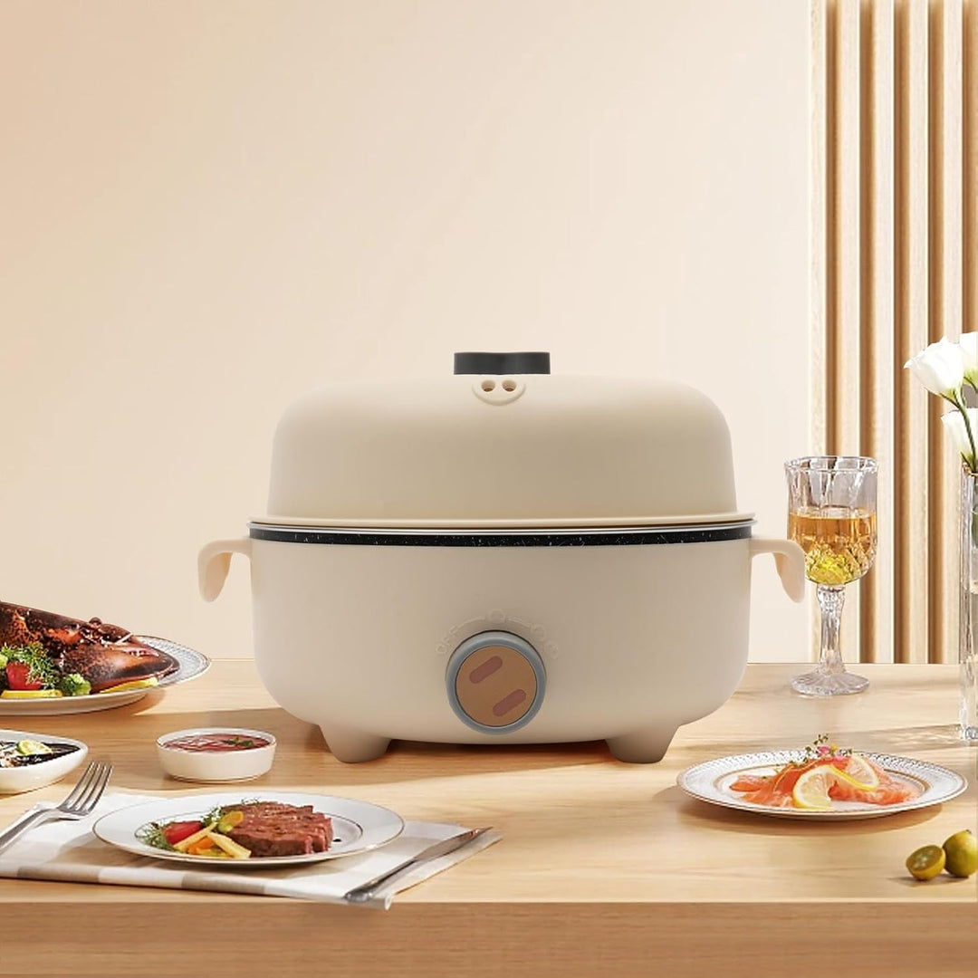 Elektrischer Hot Pot, Mini Elektrischer Kochtopf Dampfkocher Rund Tragbare 2.2L Antihaft Elektro Bra