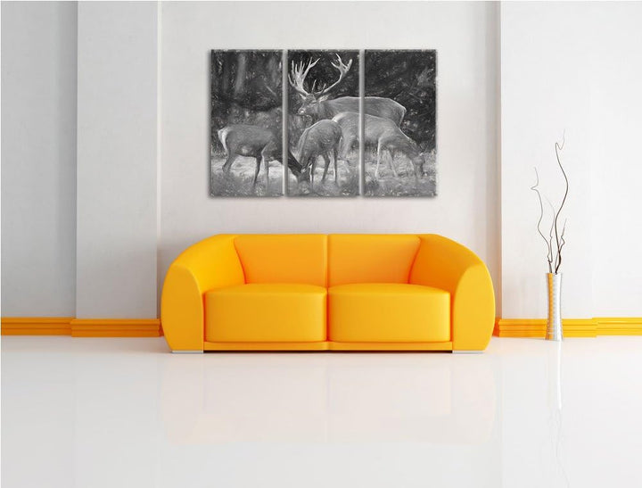Hirschfamilie auf Waldlichtung NewArt 3-Teiler Leinwandbild 120x80 Bild auf Leinwand, XXL riesige Bi