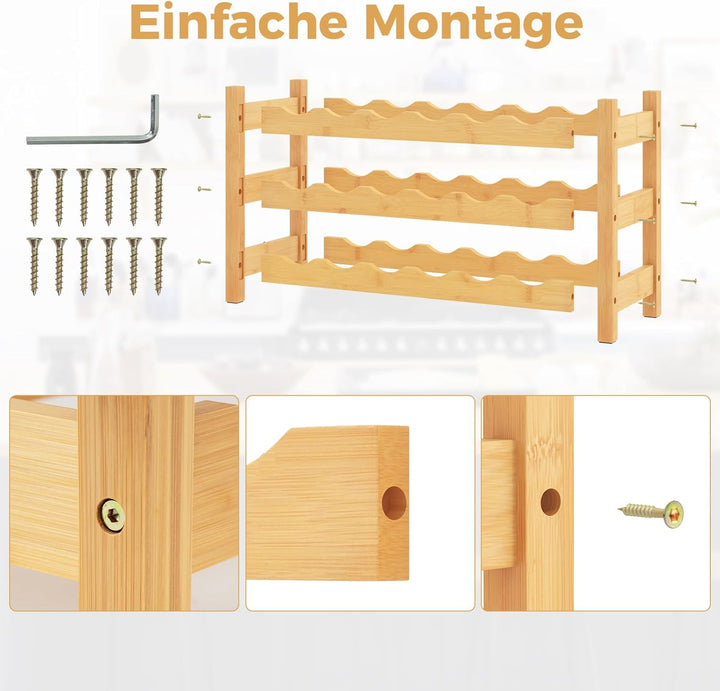 COSTWAY Weinregal für 18 Flaschen, Flaschenregal mit 3 Etagen, Flaschenhalter aus Bambus für Keller,