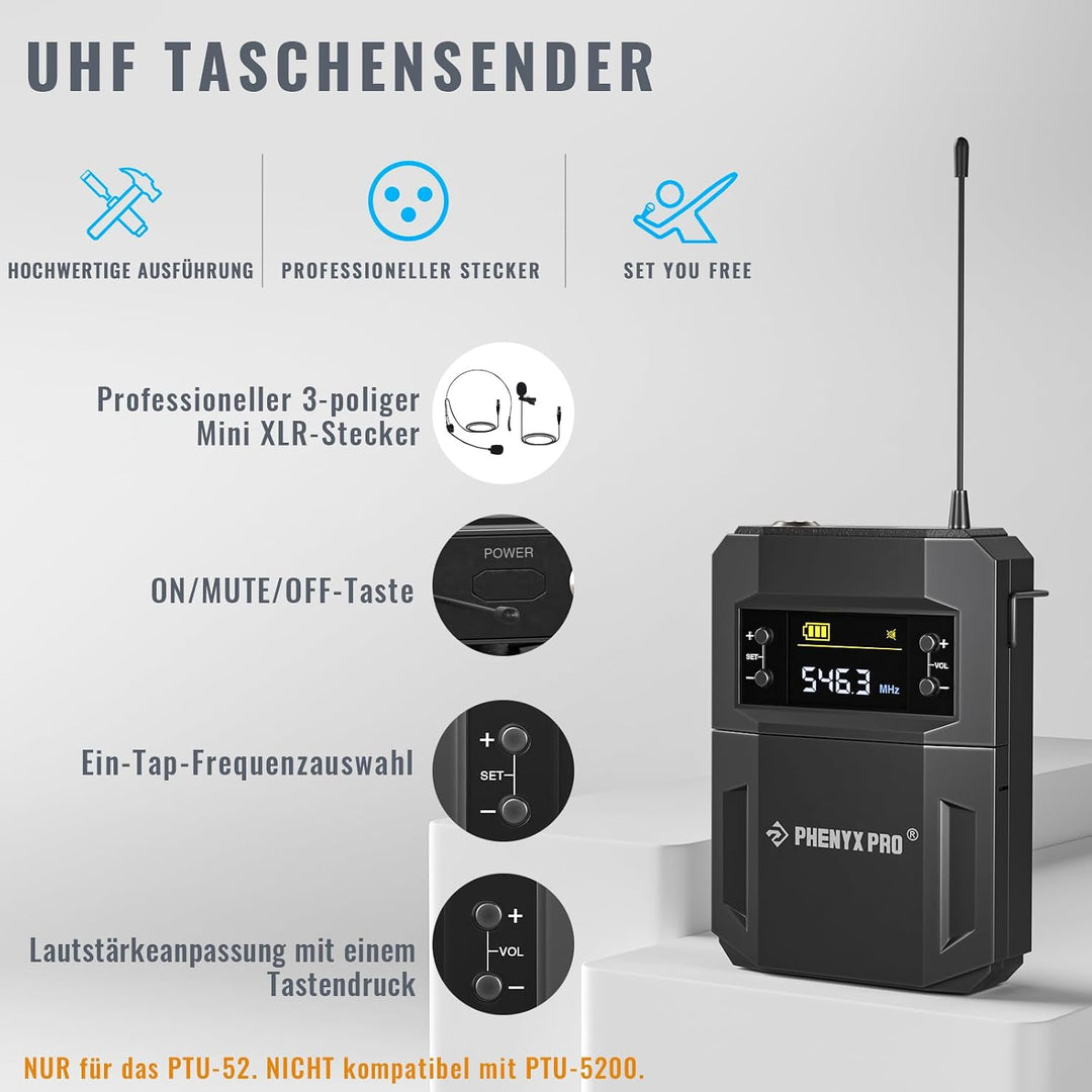 Phenyx Pro UHF Kabelloses Mikrofonsystem mit 2 x 30 abstimmbaren PTU-52-2B | schnurloses Metall-Mikr