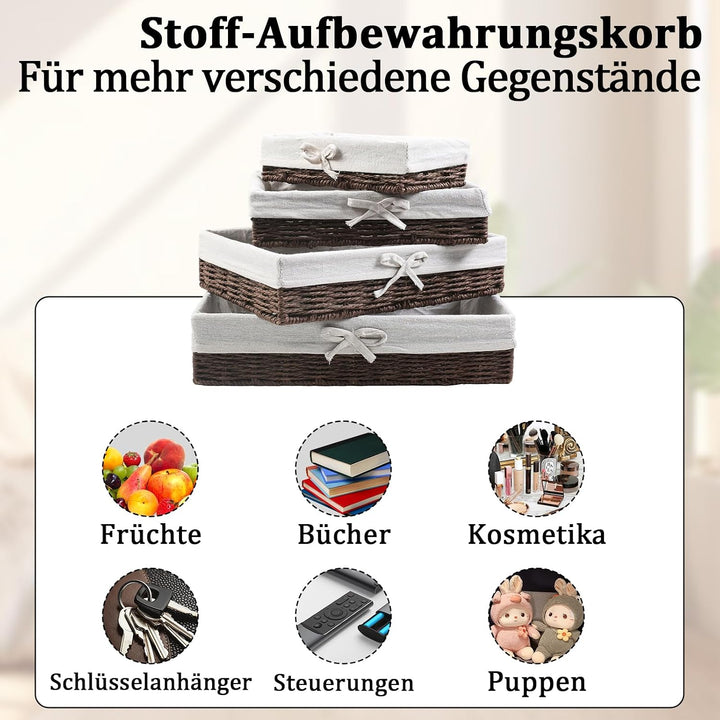 4er Set Brotkörbchen mit Baumwolleinsatz, 4 Grössen Brötchenkorb | mit Innen Metallrahmen | Brotkorb
