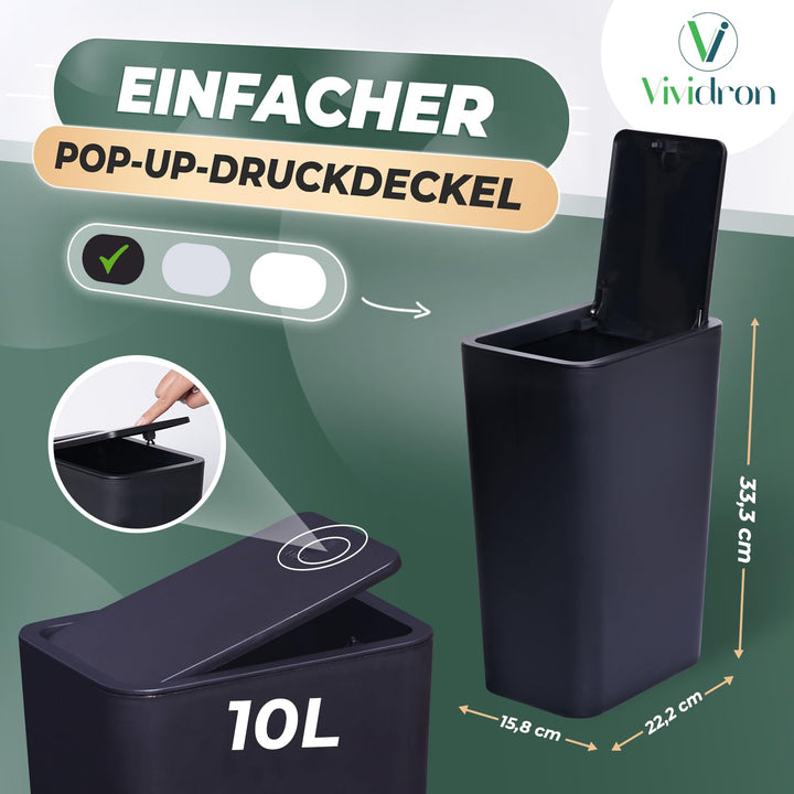 3er Pack 10L Kleiner Mülleimer mit Deckel, Badezimmer Abfalleimer mit Druckdeckel, Kleiner Mülleimer