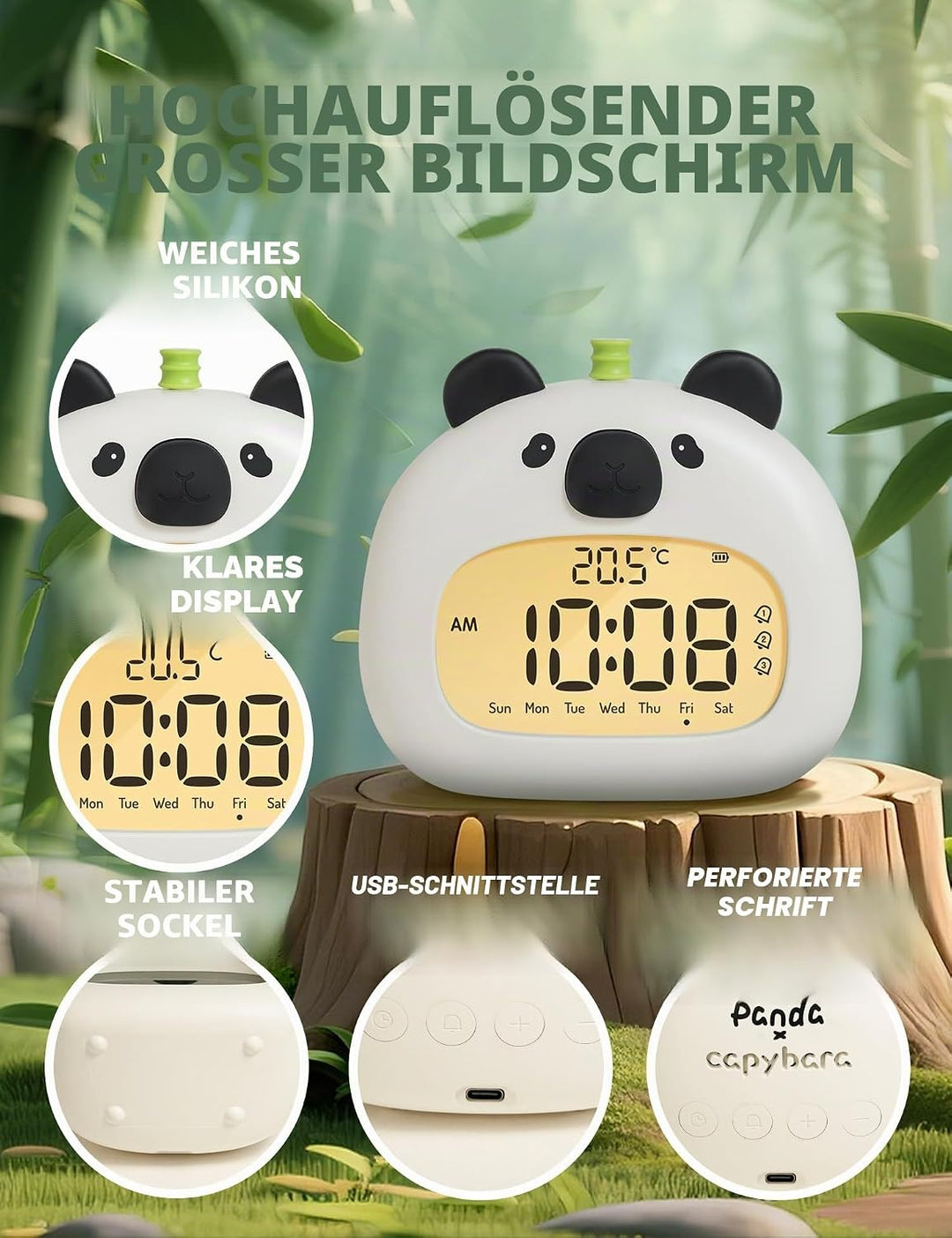 IHALO Cute Kinderwecker, Nachttischwecker mit Panda Nachtlicht, digitales LED-Display, 3,15 Zoll, DR