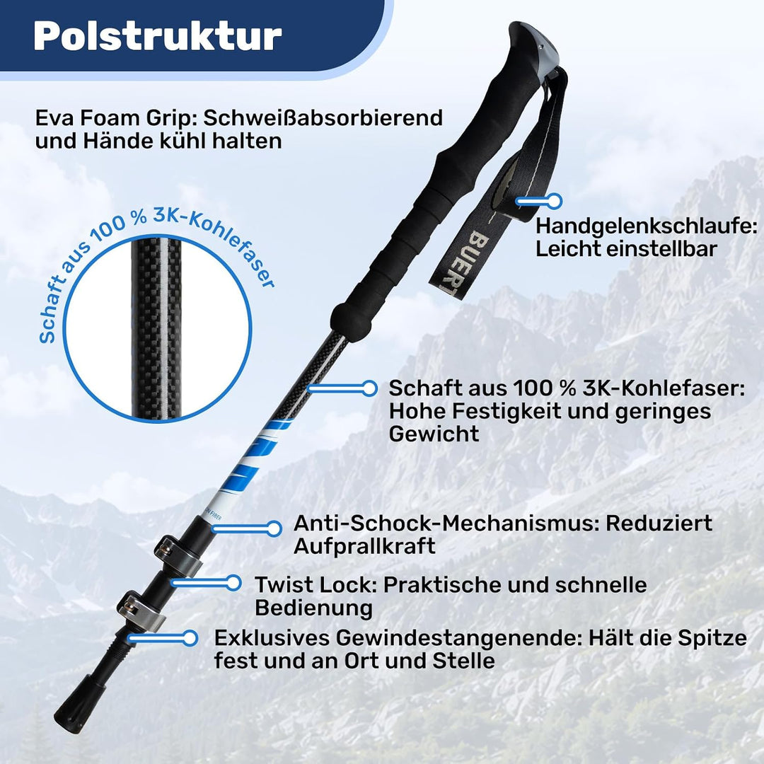 Carbon Trekkingstöcke 2er Set – Nordic Walking Stöcke Damen Herren, Wanderstöcke Teleskop Faltbar, U