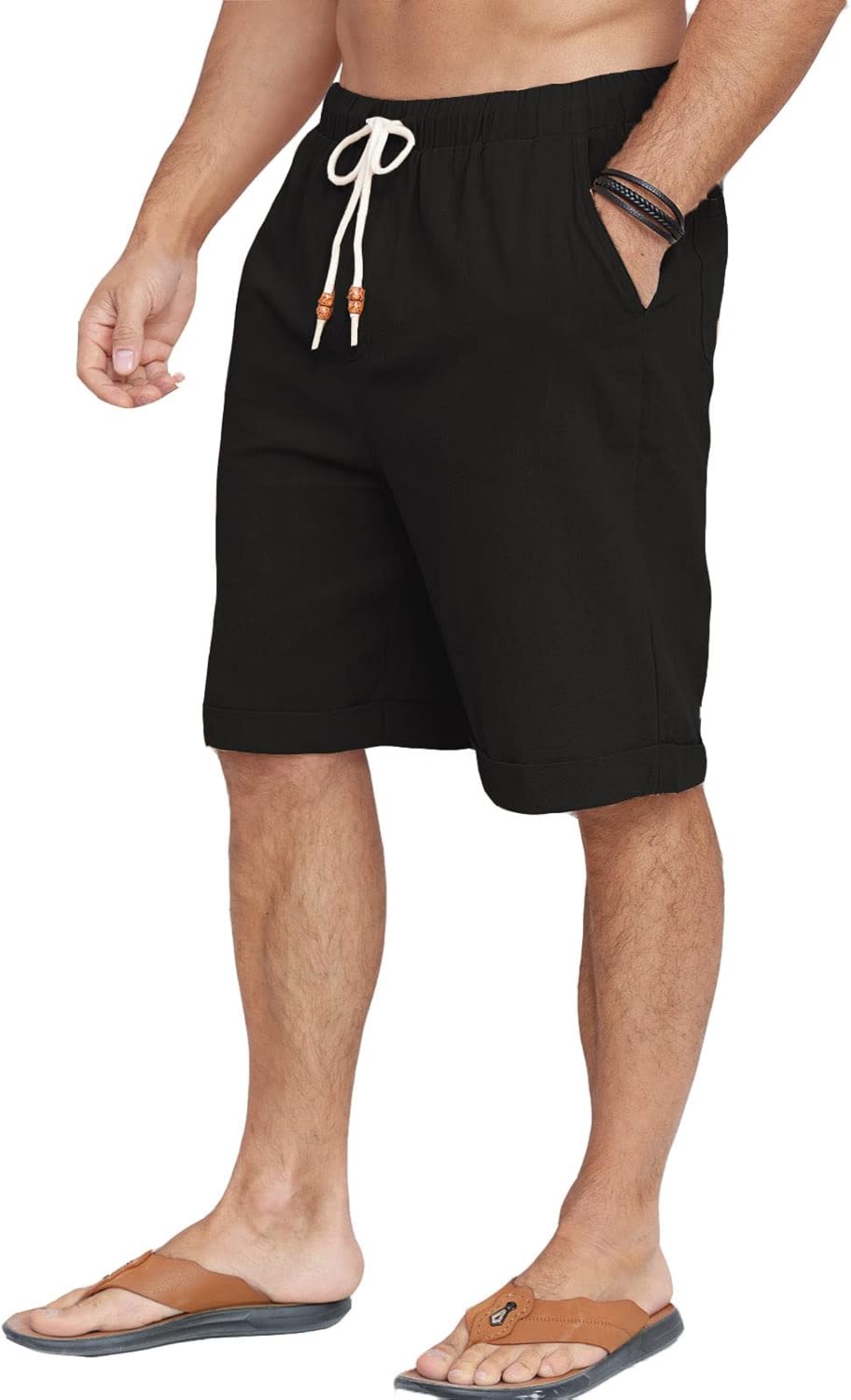 Halfword Leinenhose Herren Kurz Leinen Shorts Kordelzug Strand Freizeithose Leichte Urlaub Sommer 3X