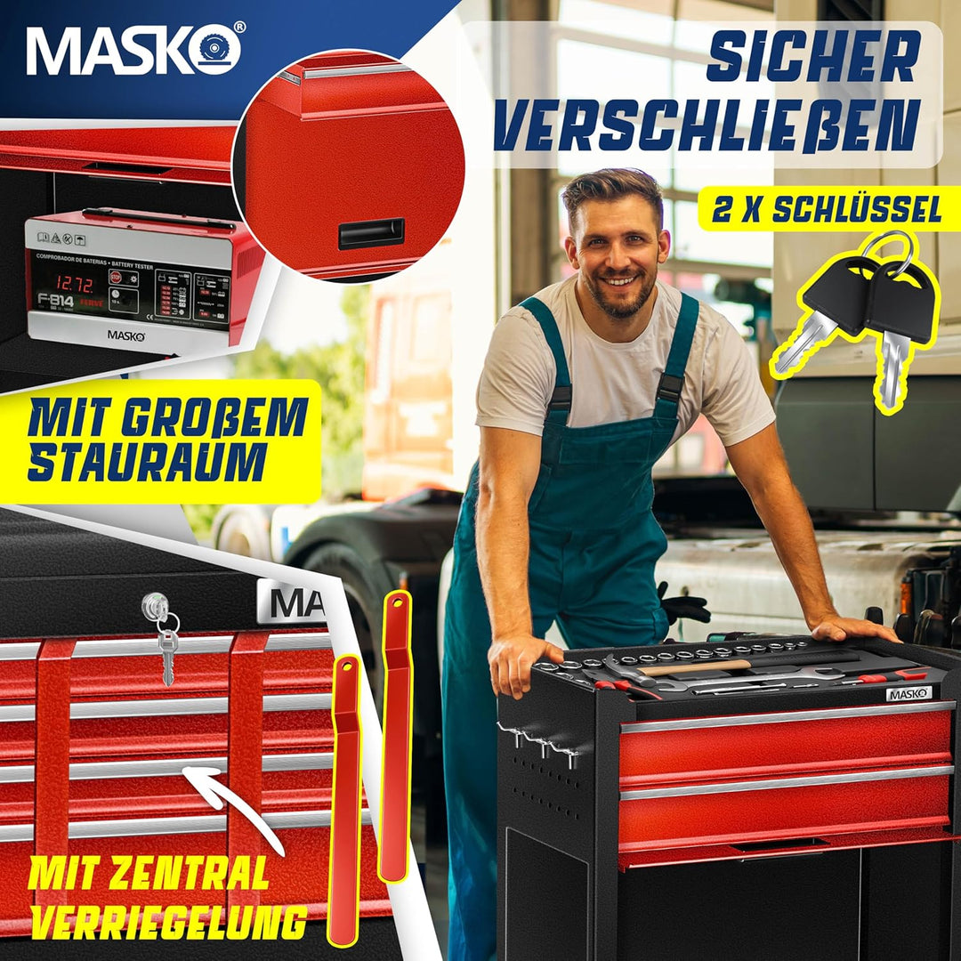 MASKO® Werkstattwagen inkl. Koffer - 9 Fächer Abschliessbar | Massives Metall | Mobiler Werkzeug-Wag