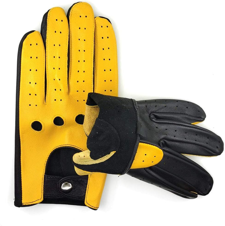 Herren Luxus 100% Schaffell Fahrhandschuhe-Weiches hochwertiges Leder Large(22.9-24.1cm) Schwarz&Gel