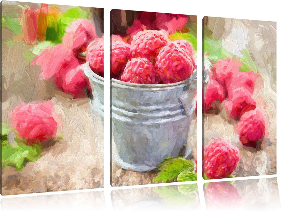 Pixxprint Himbeeren im Blecheimer als Leinwandbild/Grösse: 3 Teilig (120x80 cm) cm/Wandbild/Kunstdru