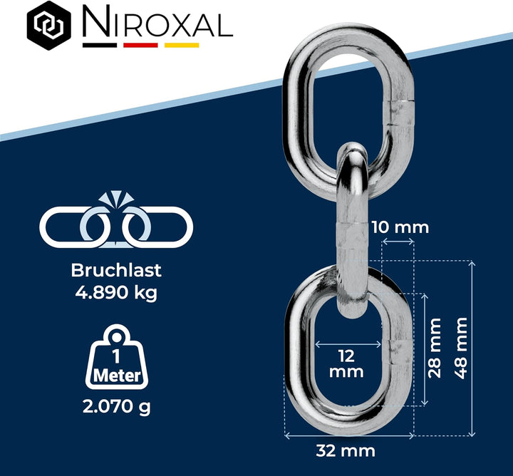 Edelstahlkette V4A A4 kurzgliedrig DIN 766 / DIN 5685 – 10 mm x 1 m – 2 Stück – für schwere Aufhängu