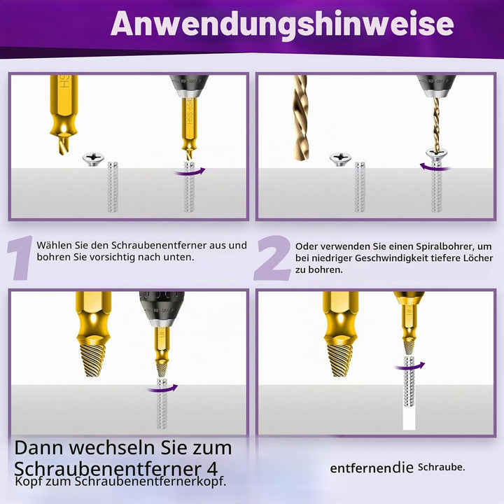 9 Stück Schraubenausdreher Set mit Titannitrid-beschichtet, HSS 6542 Stahl, Härtegrad HRC 80, Schrau