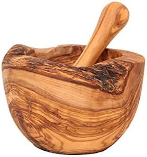 Mörser mit Stössel aus Olivenholz, Kräutermörser, handgefertigt mit Naturrand, Küchenmörser Holzmörs