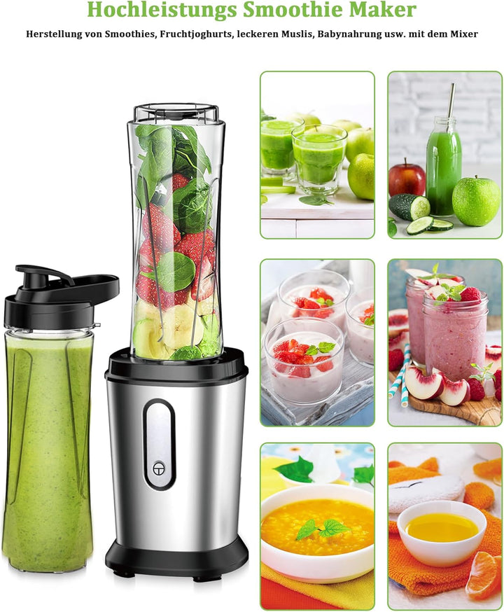 Mixer, Smoothie Maker, 500W Standmixer Mini Mixer Smoothie Maker mit 2x600ml Smoothie Flaschen BPA f