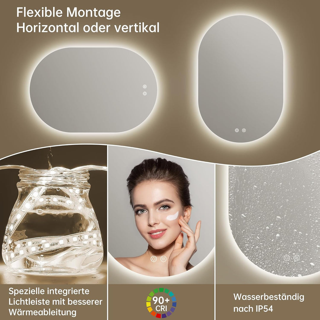 Spiegel mit Beleuchtung Oval LED Badspiegel 50 x 75 cm mit Touch-Schalter, Dimmbar 3 Lichtfarbe Eins