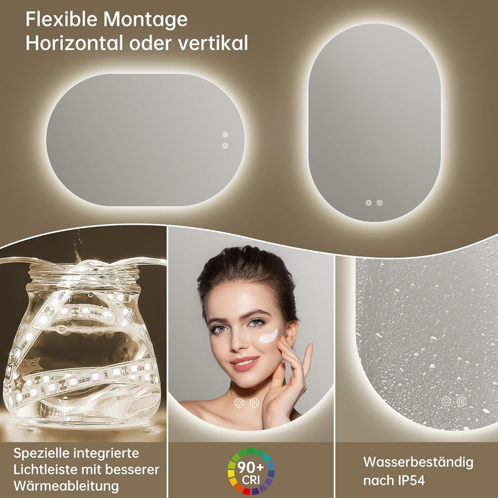 Spiegel mit Beleuchtung Oval LED Badspiegel 50 x 75 cm mit Touch-Schalter, Dimmbar 3 Lichtfarbe Eins