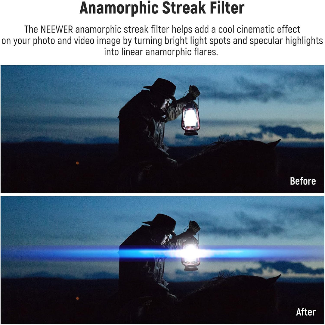 NEEWER 58mm Blue Streak Anamorphic Filter optisches HD Glas, um 360 ° drehbarer Anamorpher Streulich