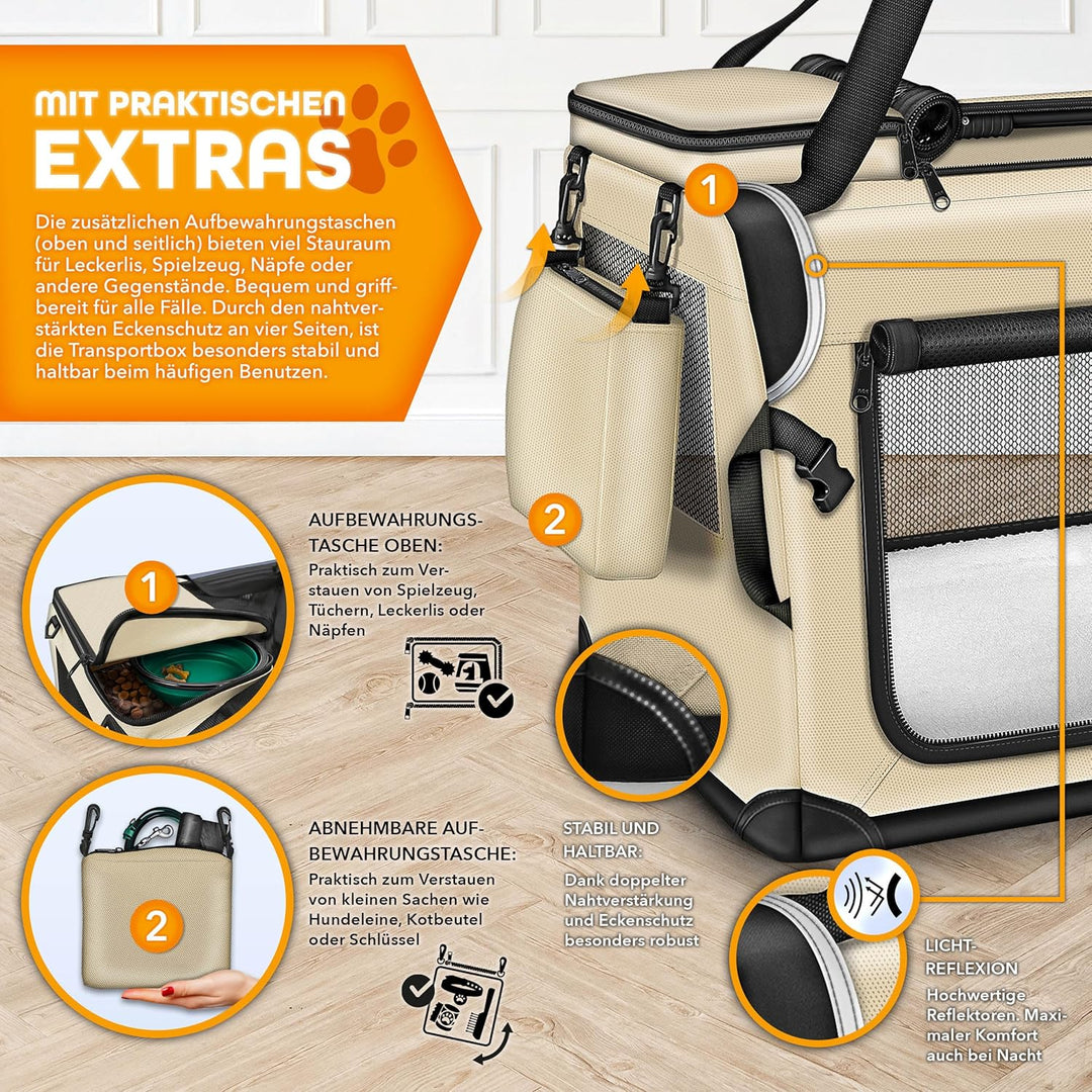 TRESKO® Hundebox faltbar inkl. Leckmatte, Spatel &amp; Reflektoren M 61x42x42cm | Transportbox für Hunde