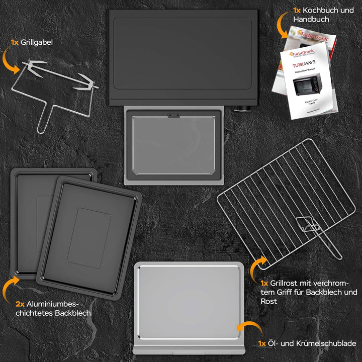 TurboTronic Minibackofen mit Umluft 35l schwarz 1600W, Mini Backofen mit 2 Backblechen, Timer, Pizza