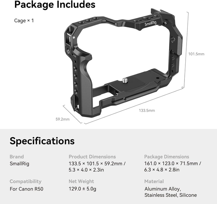 SMALLRIG R50 Käfig für Canon R50 Kamera, Aluminiumlegierung mit Schnellwechselplatte für Arca-Stände