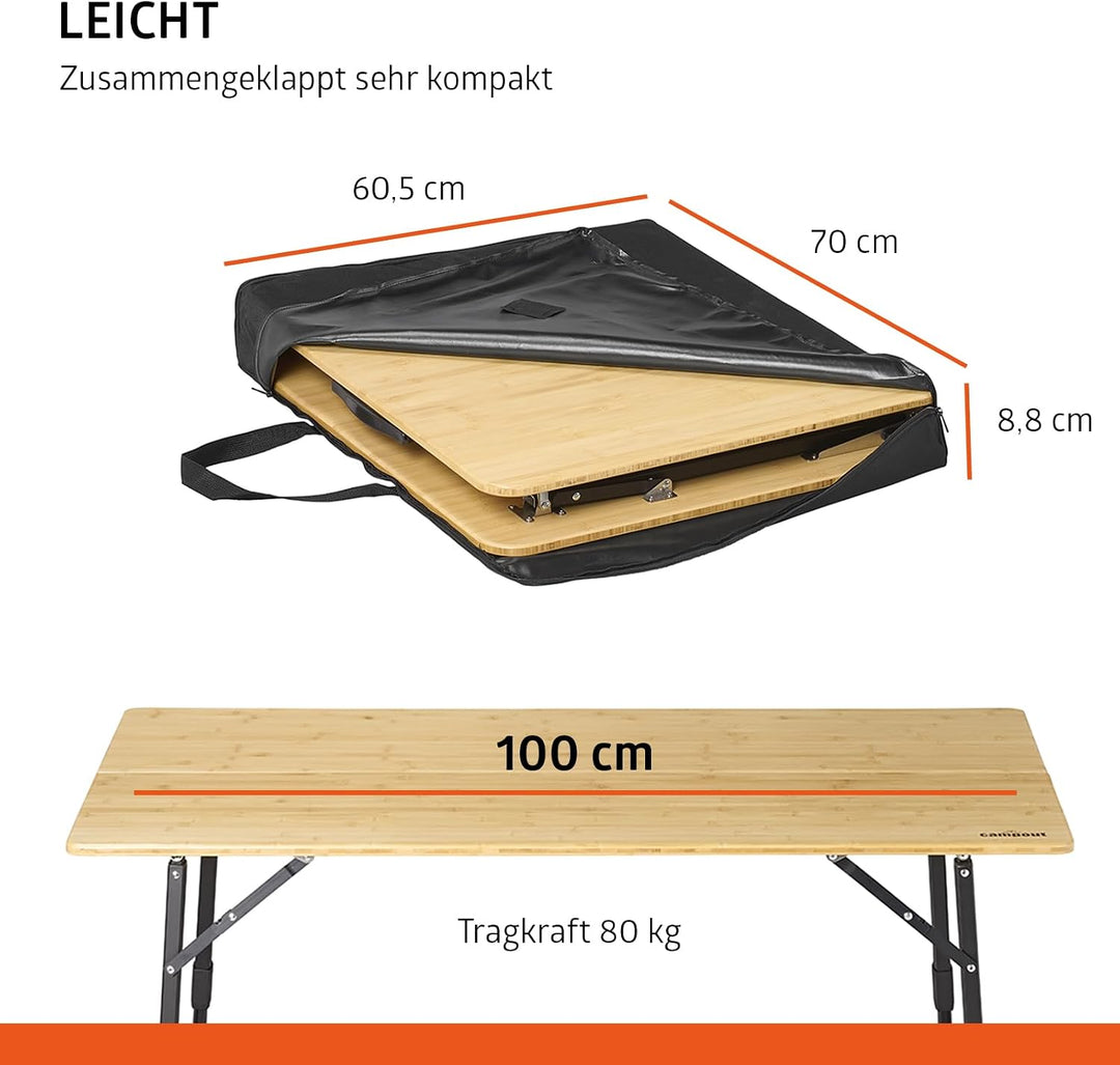 Campout Campingtisch 100 x 72 x 70 cm - Klappbarer Gartentisch - Klapptisch - 3-Fach Höhenverstellba