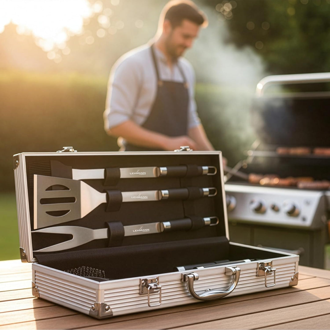 Lehmann Grillbesteck Set aus Edelstahl im Koffer | Grill Zubehör Set mit Pfannenwender, Gabel und Gr