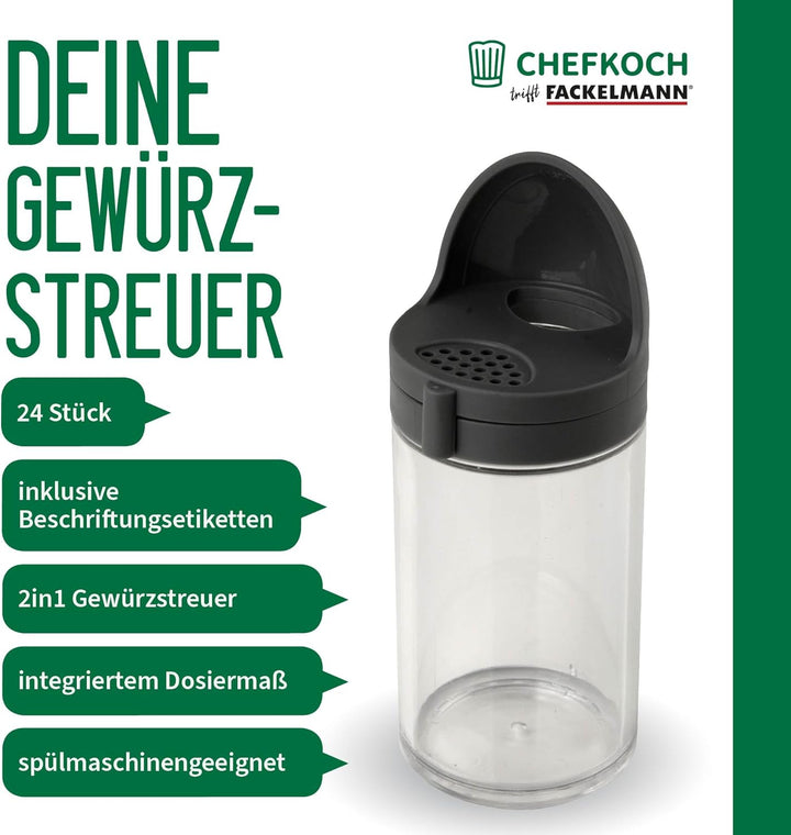 Chefkoch 2-in-1 Gewürzstreuer mit Dosiermass: Einfaches Abmessen & Hinzufügen von Gewürzen – 24er Se