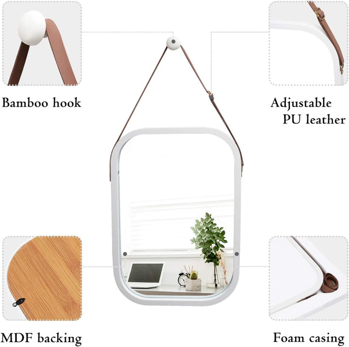 ZRI Bamboo Wandspiegel Flur Spiegel Badspiegel mit Verstellbarer Lederband Rechteckig (Weiss, 40.5 x