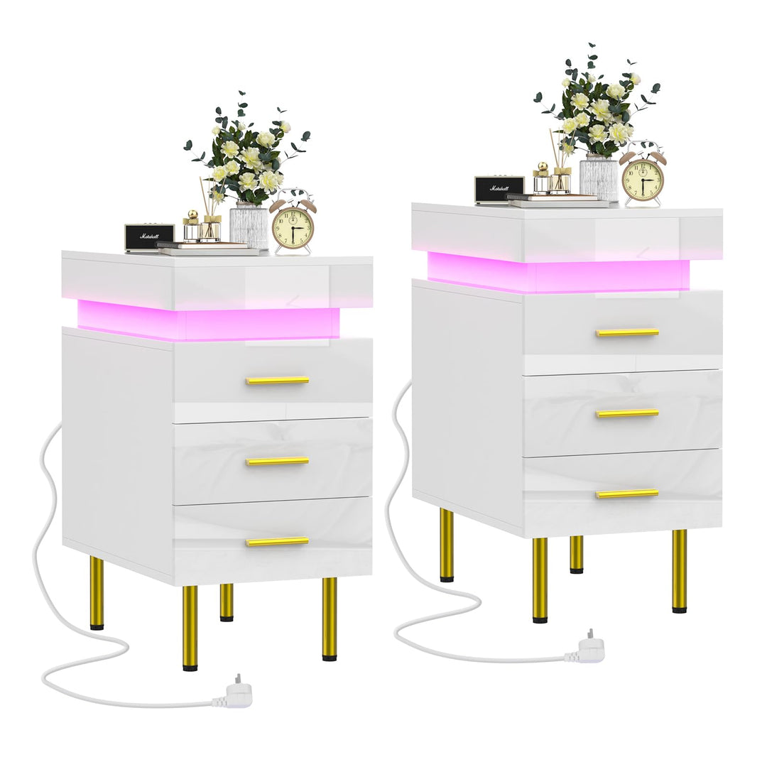 PIPIPOXER 2er Set Nachttisch mit LED, Nachttisch mit Steckdose & USB, Nachtkommode mit 3 Schubladen