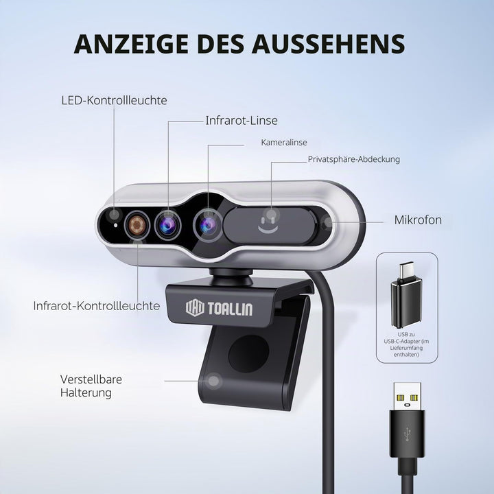 TOALLIN 2K QHD-Webcam mit Windows Hello, Gesichtserkennungs-Webcam, 5 Millionen Pixel, Computerkamer