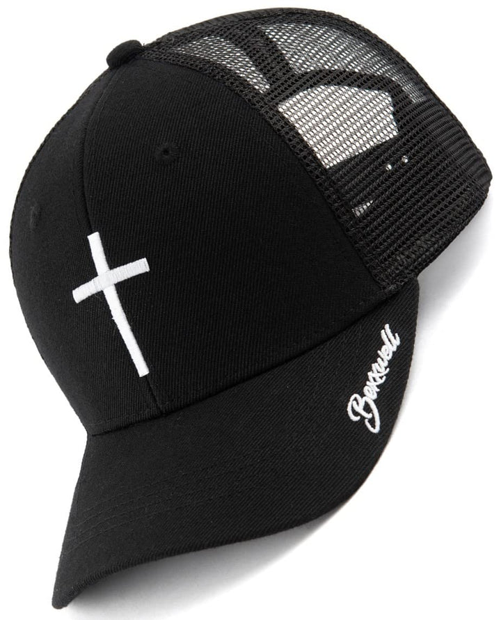 Bexxwell Trucker Cap schwarz mit Kreuz-Stickerei (optimale Passform, Kappe, Black, Truckercap, Cross