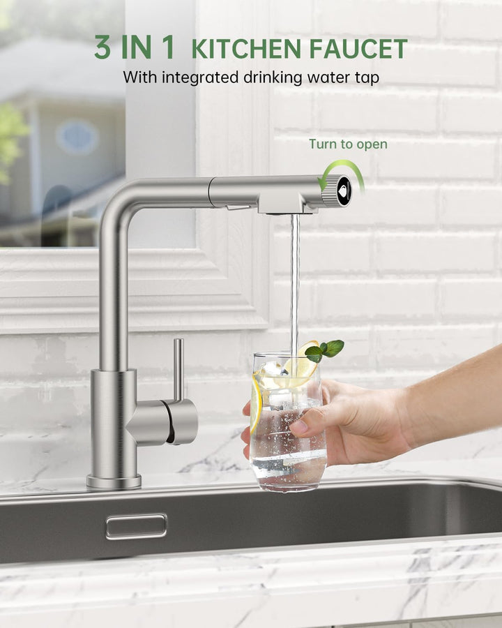 APPASO 3 wege wasserhahn küche, küchenarmatur mit ausziehbarer Brause und integriertem Wasserfilter,
